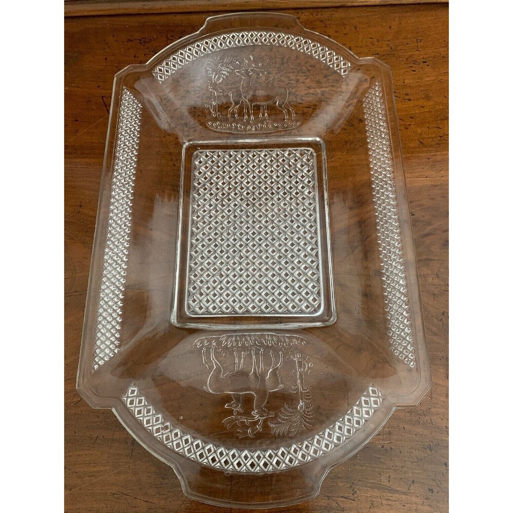 McKee EAPG Pressed Glass Bread/Sandwich Plate 13" Deer in Pine 1886 Antique